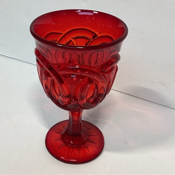 Rare Double Ring Ruby water Goblet Glass By LG Wright Vintage MCM 5” - Picture 2 of 8